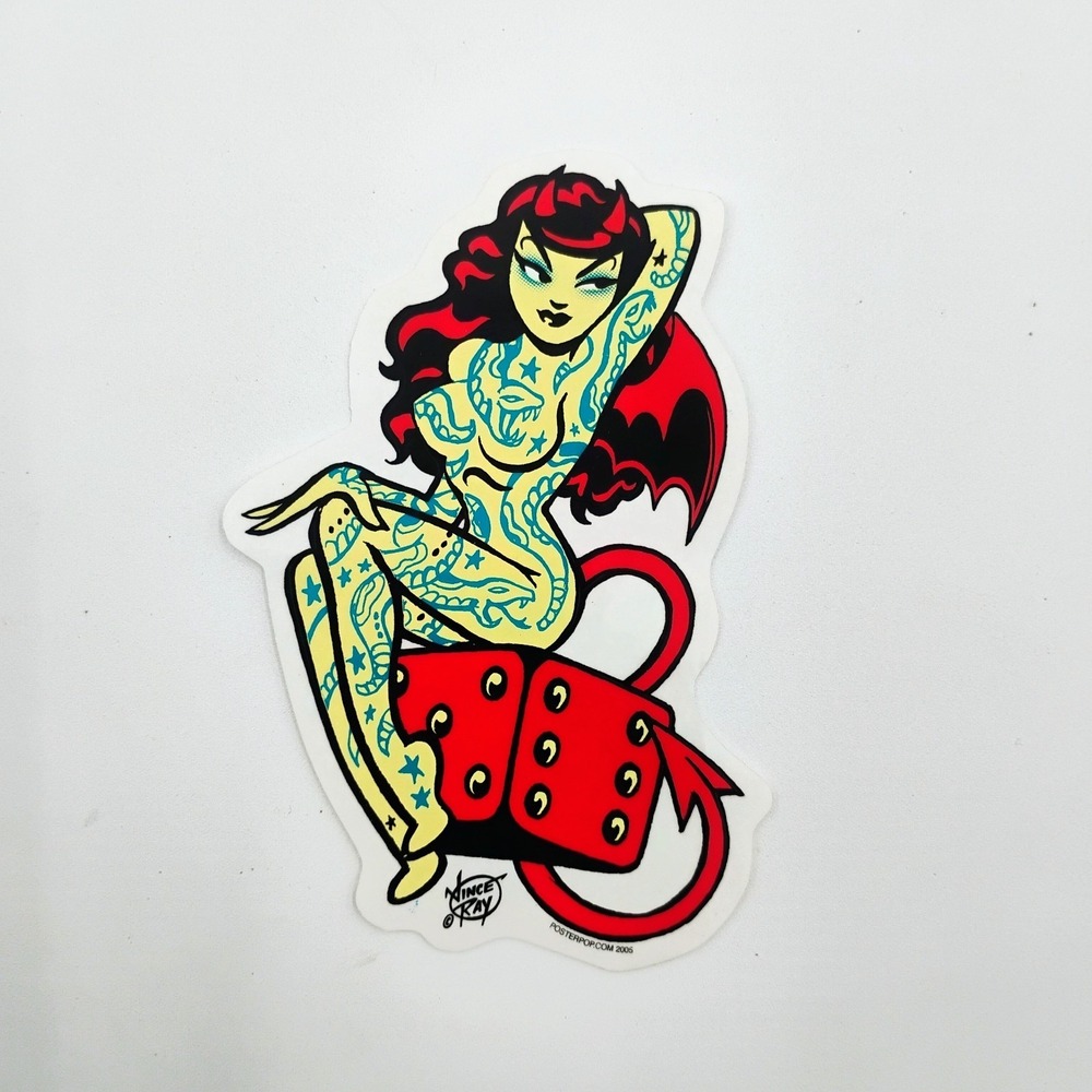 Vince Ray Poster Pop Devil Pin Up Girl Vinyl Sticker Tattooed Hot Rod Decal VTG